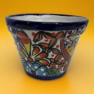 Mexican Ceramic Flower Pot Planter Folk Art Pottery Handmade Talavera Drain Hole